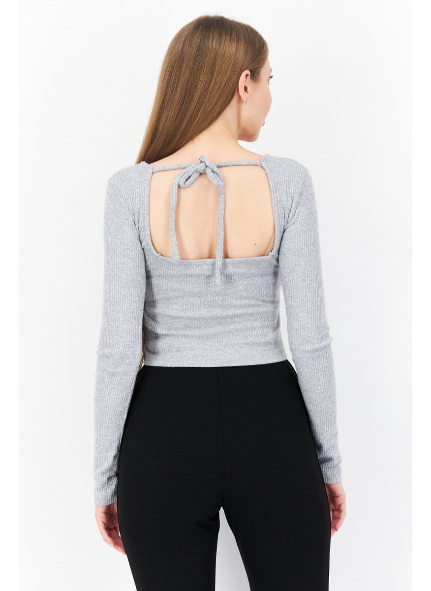 Women Square Neck Long Sleeve Blouse, Grey