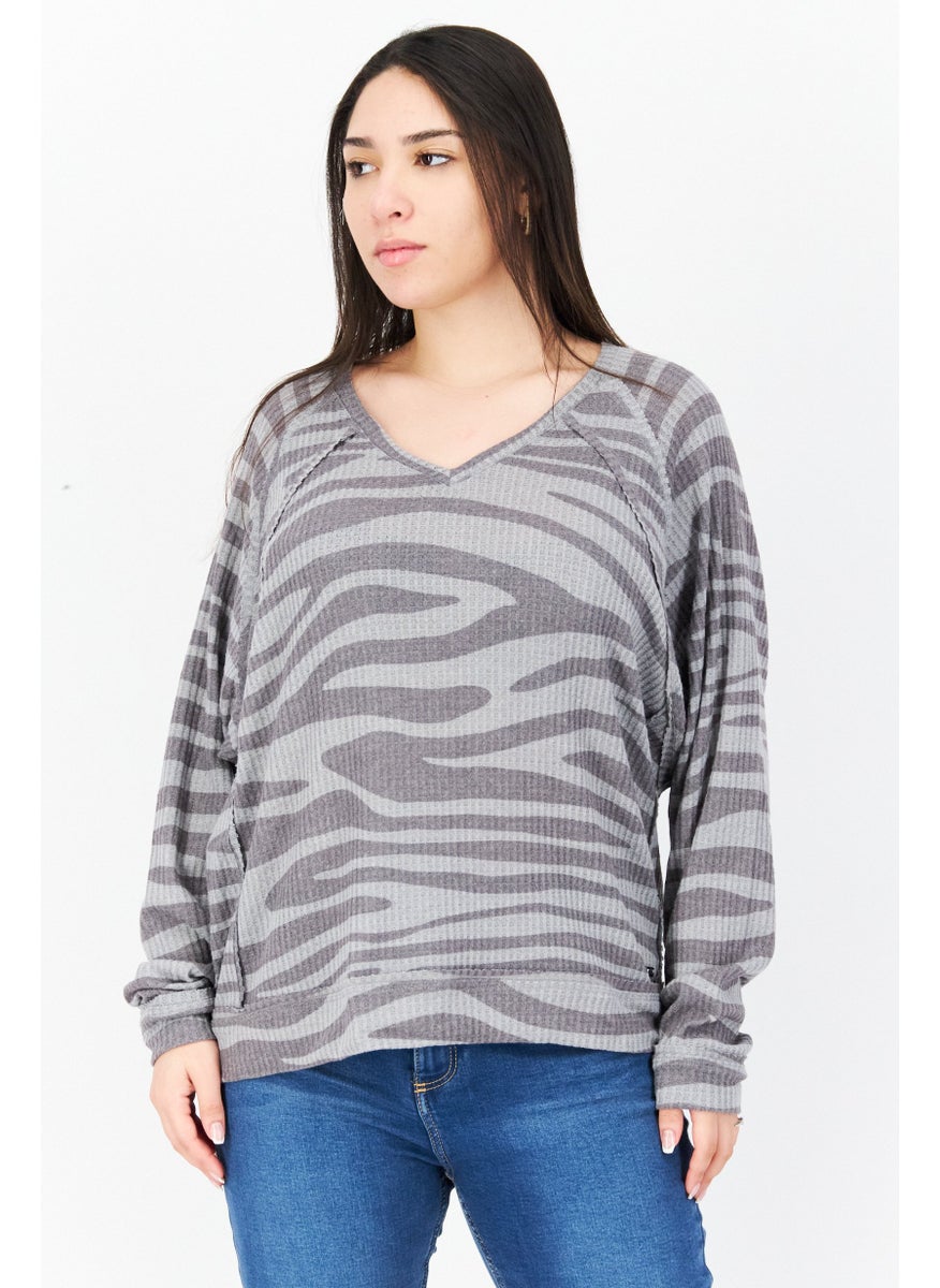 Women V-Neck Long Sleeve Stripe Top, Grey