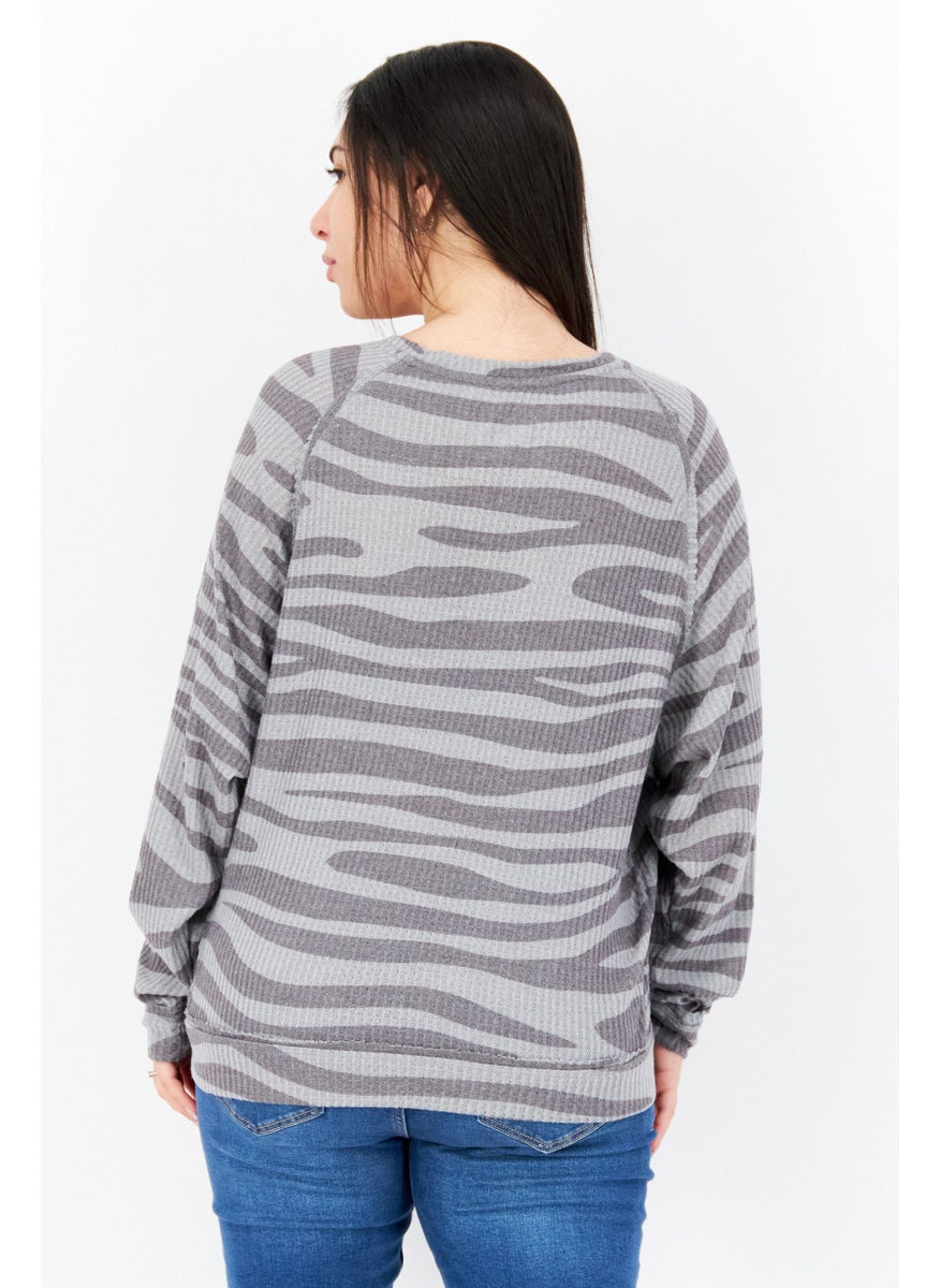 Women V-Neck Long Sleeve Stripe Top, Grey