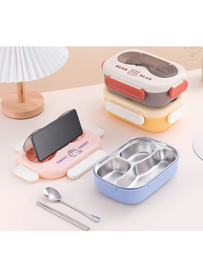 Twisoo Cute Cartoon Bento Stainless Steel Lunch Box Double Decker With Soup Bowl, Plastic Spoon, Fork, Steel Spoon and Pair of Chopsticks, BPA Free Leakproof Spill proof 3 Compartment (Pink)