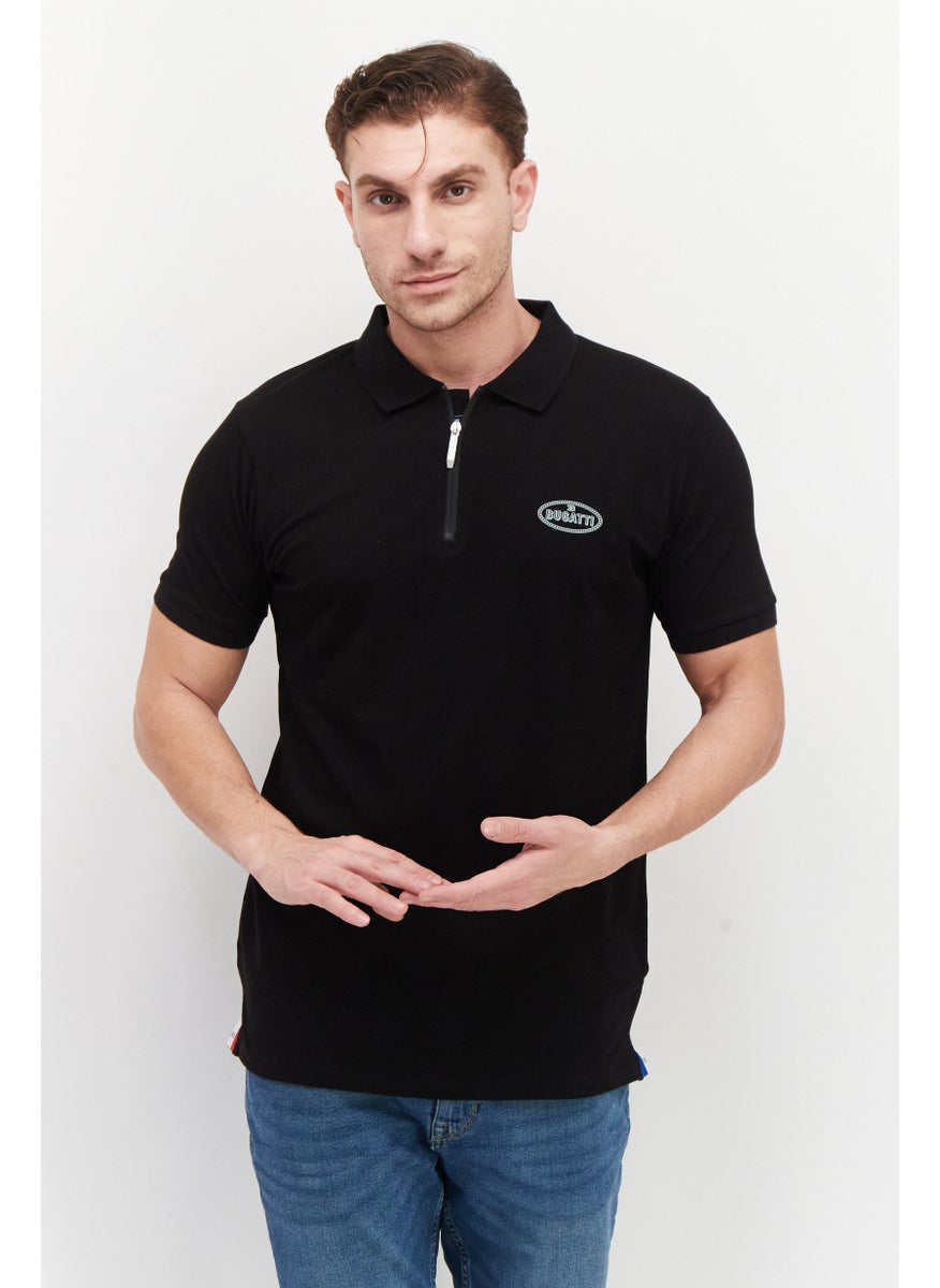 Men Regular Fit Brand Logo Short Sleeve Polo Shirt, Black