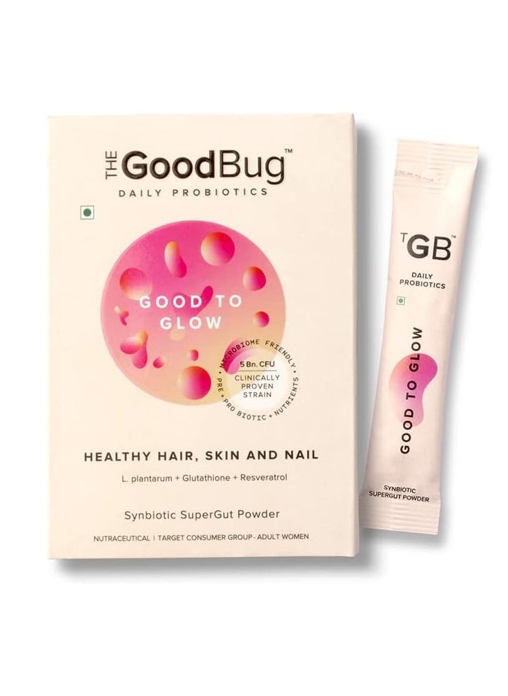 Good To Glow SuperGut Stick 5 Billion CFU of Clinically Proven Strains Pre+Probiotic+Nutrients | Helps Promote Radiant Skin Healthier Skin, Hair & Nails For Women - 3gx15 sticks