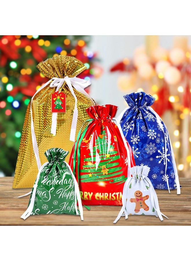 32Pcs Large Christmas Gift Bags, Holiday Drawstring Gift Bags Reusable Foil Present Santa Wrapping Bags With Gift Tag Cards Ribbon Ties For Big Xmas Presents Party Decorations Holiday Gift Giving