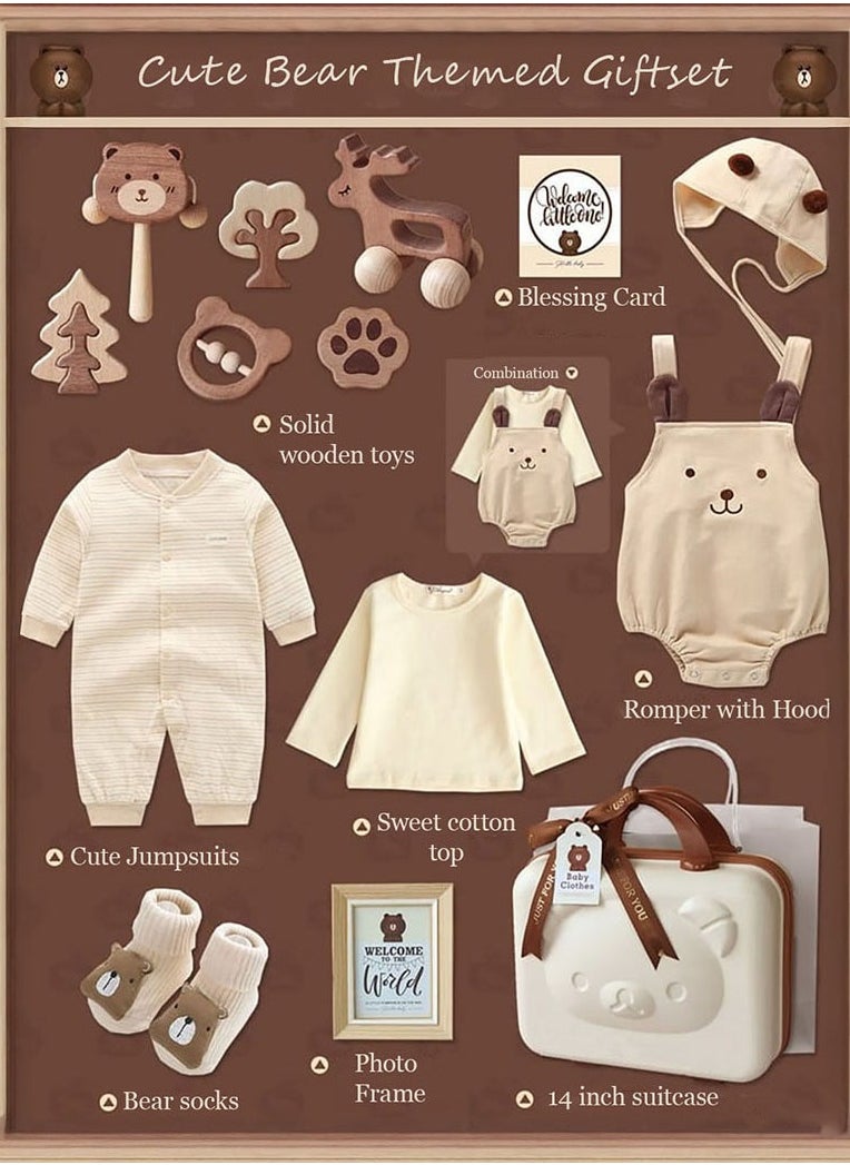 Newborn Baby Gift Set for Baby Boys and Girls in Bear Theme with Baby Clothes Set  of Jumpsuit and Rompers of 15 in 1