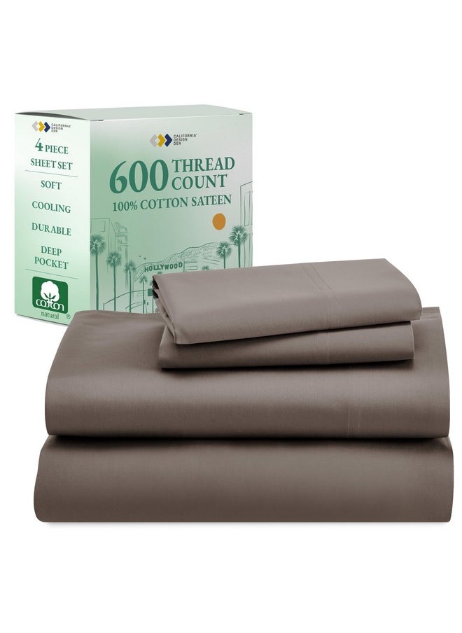 California Design Den 600 Thread Count Sheets King, 100% Cotton Sheet, Sateen, King Size Bed Sheets, Soft, Cooling, Hotel-Quality Bedding with Deep Pockets - Brown