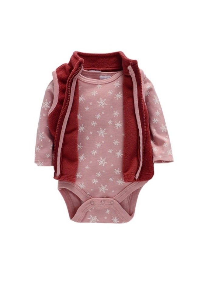 Bambimici  Snowflakes Print Long Sleeve Bodysuit with zipper and Pyjama - Dark Pink