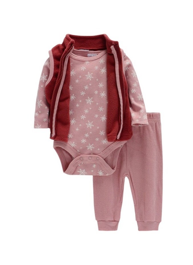 Bambimici  Snowflakes Print Long Sleeve Bodysuit with zipper and Pyjama - Dark Pink