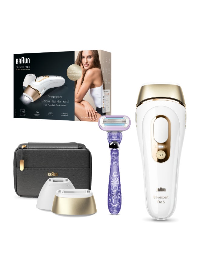 Silk·expert Pro 5, At-Home Laser, IPL Hair Removal Device, Permanent Visible Hair Removal, 1 Standard, 1 Precision Head And Venus Razor, Gift for Women, PL5147 Gold/White 28 x 9.5 x 19.5cm