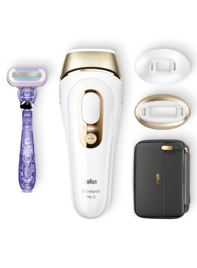 Silk·expert Pro 5, At-Home Laser, IPL Hair Removal Device, Permanent Visible Hair Removal, 1 Standard, 1 Precision Head And Venus Razor, Gift for Women, PL5147 Gold/White 28 x 9.5 x 19.5cm