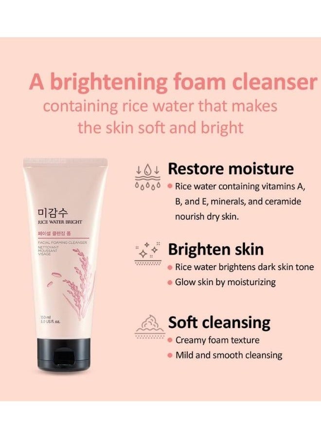 Rice Water Bright Facial Foaming Cleanser 150ml x 2 (Pack of 2), Face Wash for Glowing Skin, Cleanser for Uneven Skin Tone, Korean Skin Care 300ml