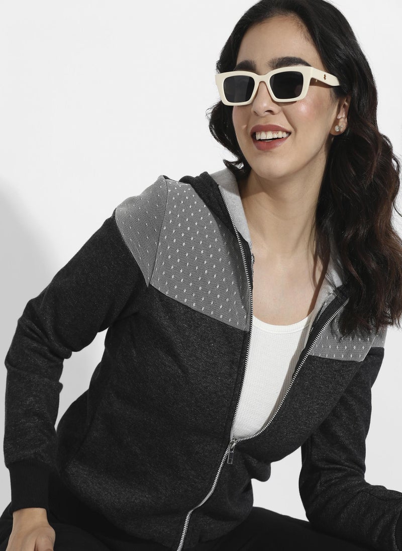 Zip-Front Hoodie With Polka Dot Detail