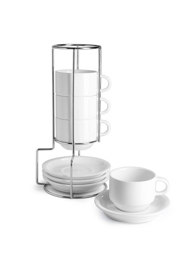 Sweese 4 Ounce Porcelain Stackable Espresso Cups with Saucers and Metal Stand Set of 4, White