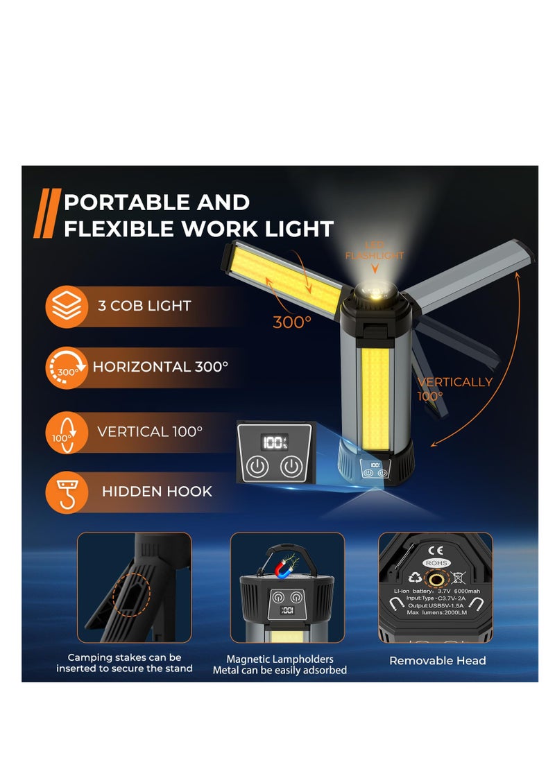 Rechargeable Work Light with Stand,LED Work Light with Portable Folding Stand,Battery Work Light for Cordless,2000Lumen Outdoor Camping Construction Lights