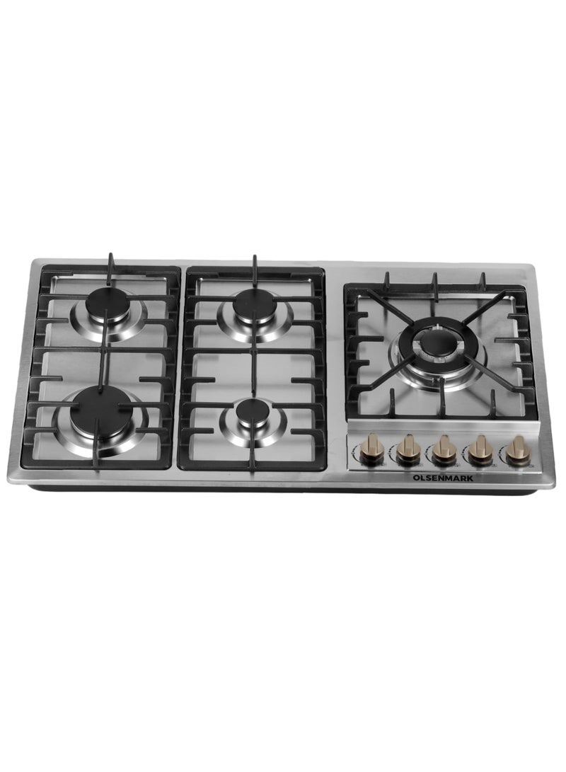 5-in-1 Stainless Steel Gas Hob, 5 Burners Stove with Auto Impulse Ignition, Triple Ring, Rapid, Semi-Rapid and Auxiliary Burners, Low Consumption OMK7034 Silver