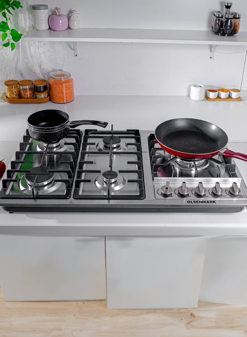 5-in-1 Stainless Steel Gas Hob, 5 Burners Stove with Auto Impulse Ignition, Triple Ring, Rapid, Semi-Rapid and Auxiliary Burners, Low Consumption OMK7034 Silver