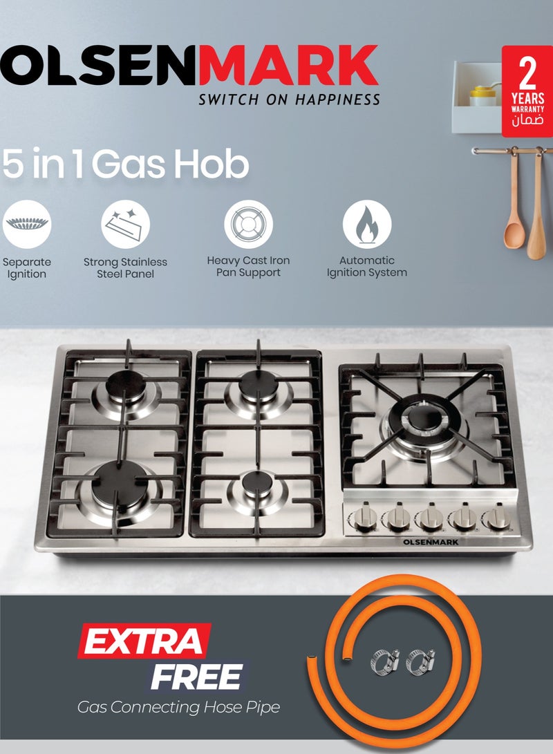 5-in-1 Stainless Steel Gas Hob, 5 Burners Stove with Auto Impulse Ignition, Triple Ring, Rapid, Semi-Rapid and Auxiliary Burners, Low Consumption OMK7034 Silver