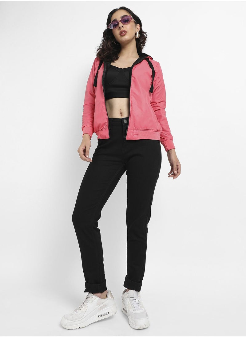Zip-Front Bomber Jacket With Contrast Drawstring