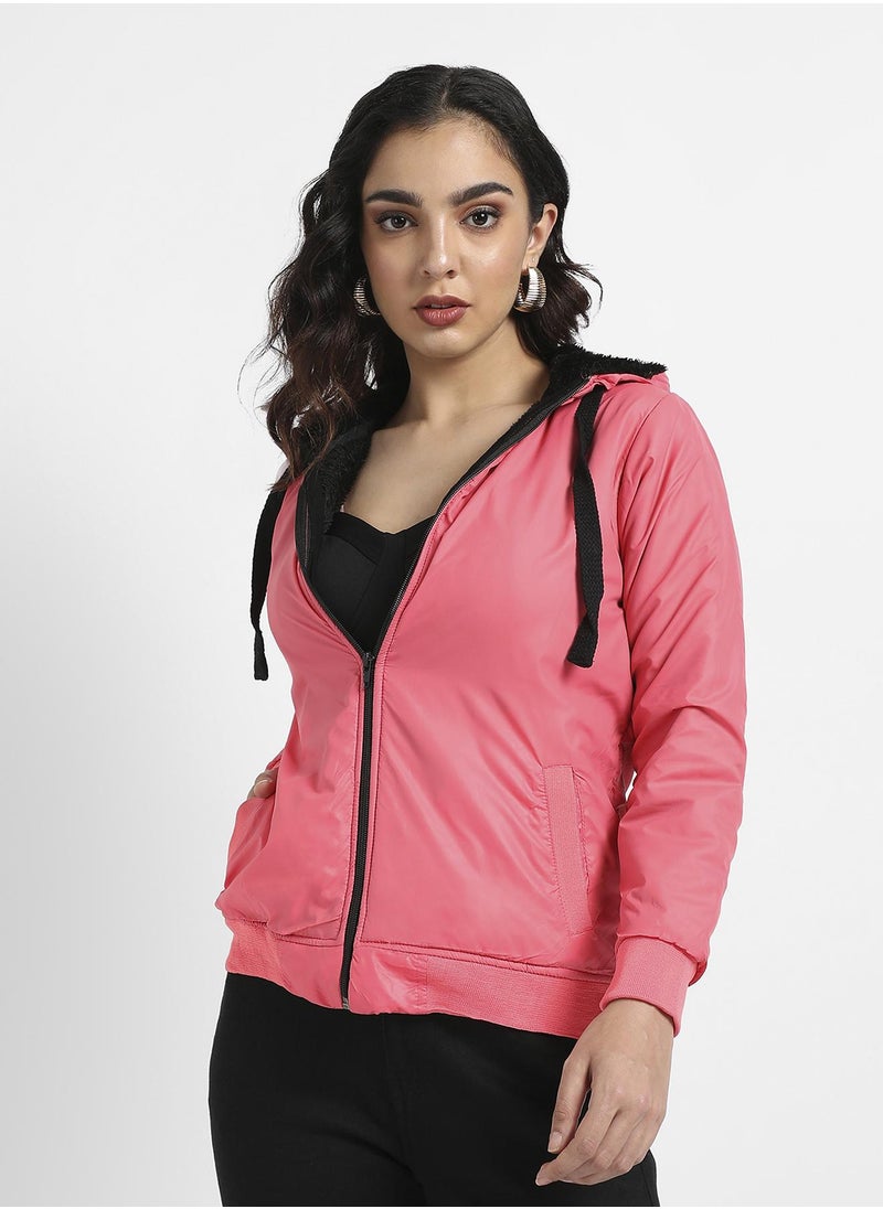 Zip-Front Bomber Jacket With Contrast Drawstring