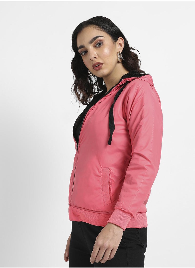 Zip-Front Bomber Jacket With Contrast Drawstring