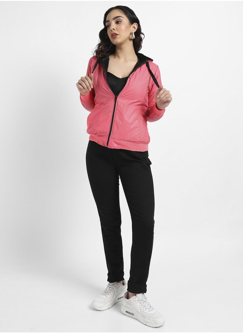 Zip-Front Bomber Jacket With Contrast Drawstring