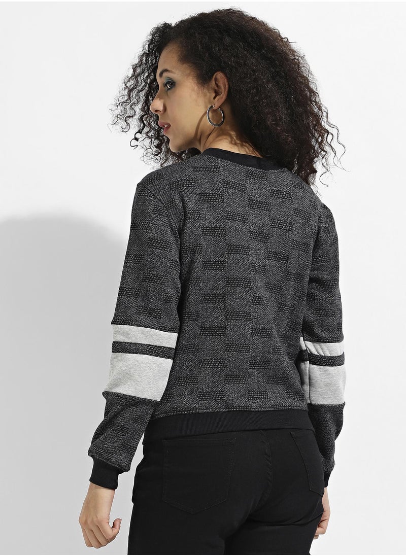 Zip-Front Textured Jacket With Contrast Stripe Sleeve