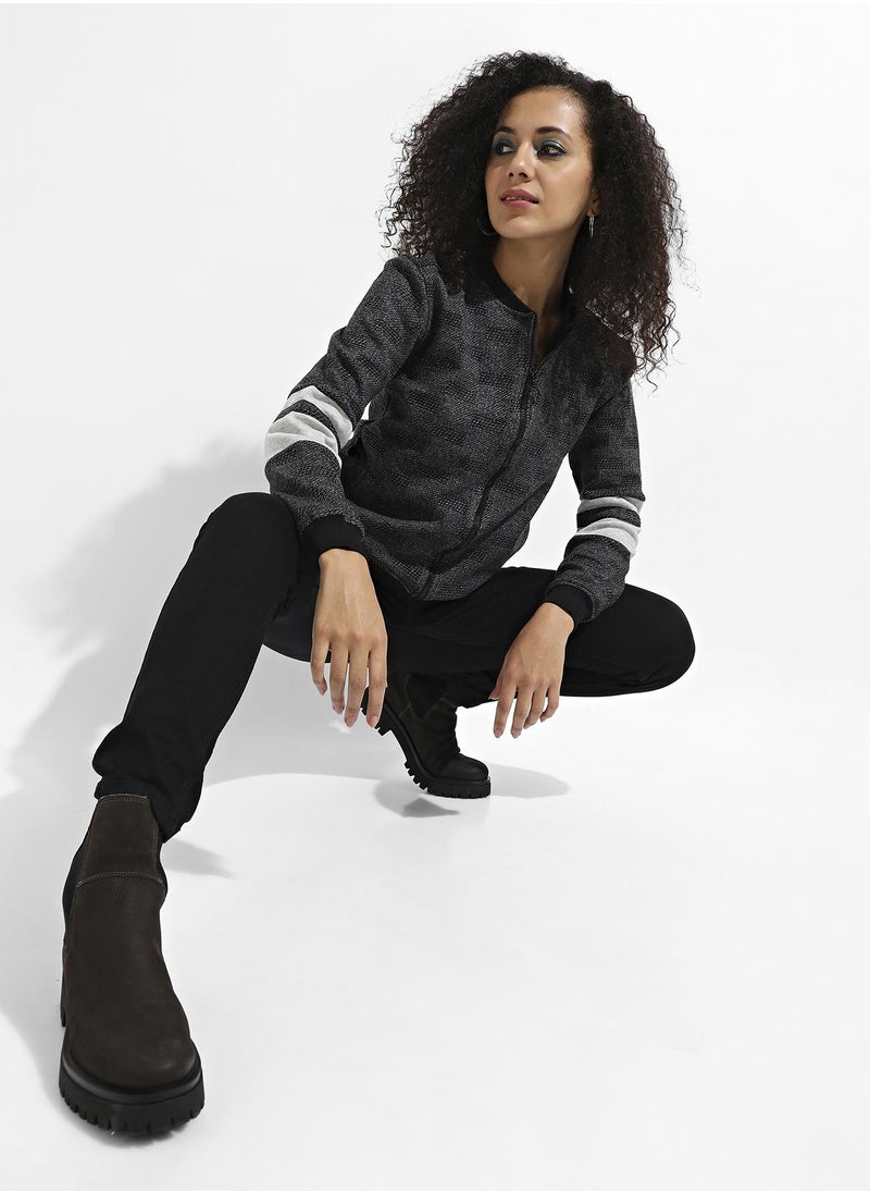 Zip-Front Textured Jacket With Contrast Stripe Sleeve