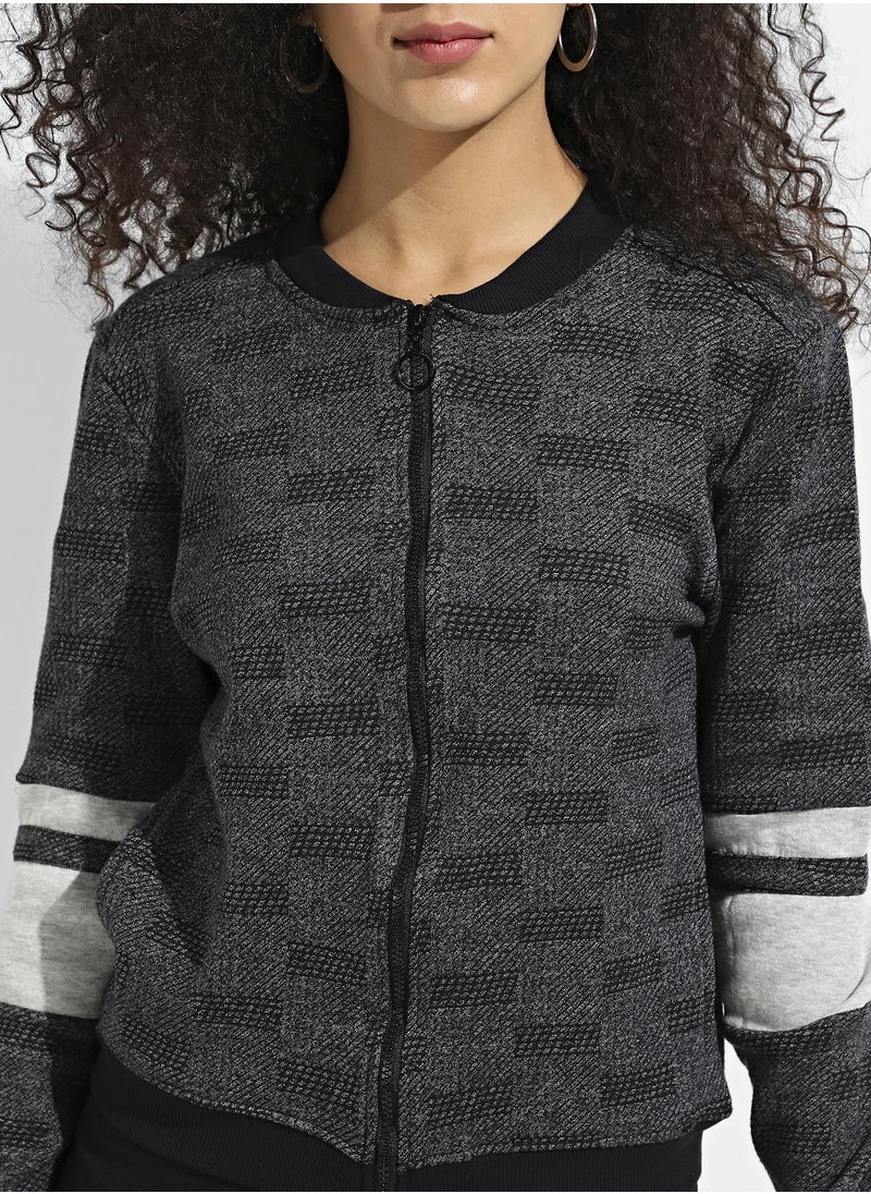 Zip-Front Textured Jacket With Contrast Stripe Sleeve