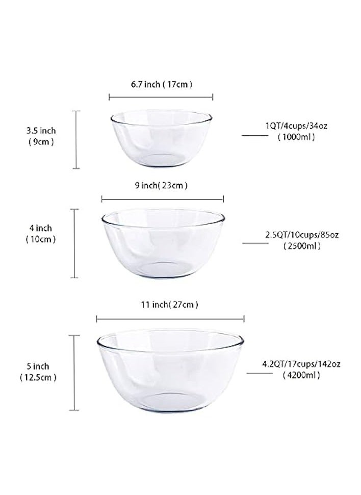 Glass Mixing Bowl Set for Baking 3-Piece Salad Bowl Set (1qt, 2.5qt, 4.2qt), High Brosilicate Large Bowls for Kitchen Prepping Serving and Storage, Microwave Dishwasher Oven Safe