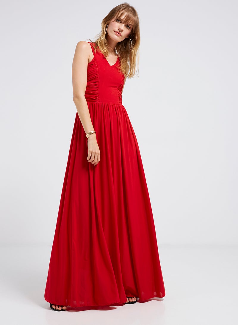 Solid Flared Hemline Maxi Dress Red