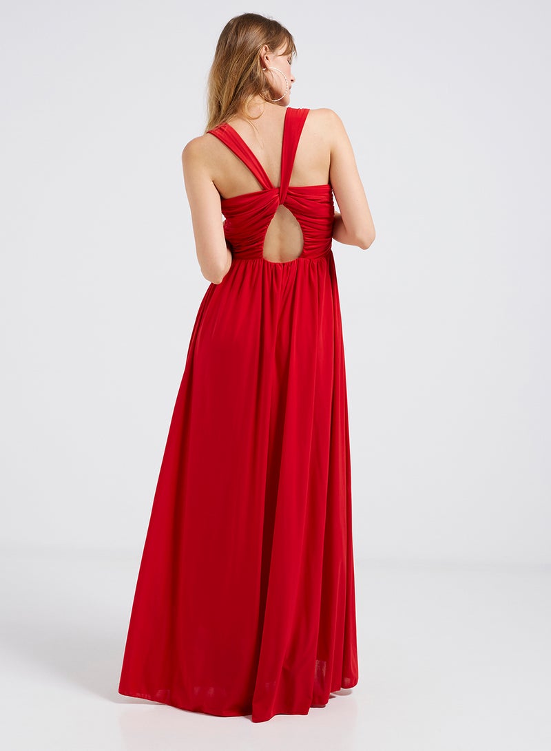 Solid Flared Hemline Maxi Dress Red