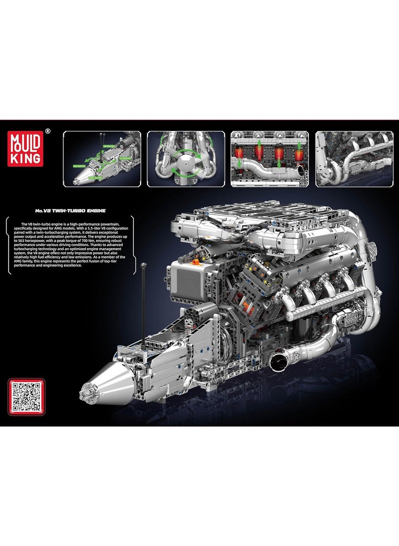 V8 Engine Build Toy Set, twin-turbocharged engine building blocks, V8 Gasoline Engine Show collection models, educational toys with electric motor engines, children and adults, ages 14 + (2899+PCS), Muold King 10168