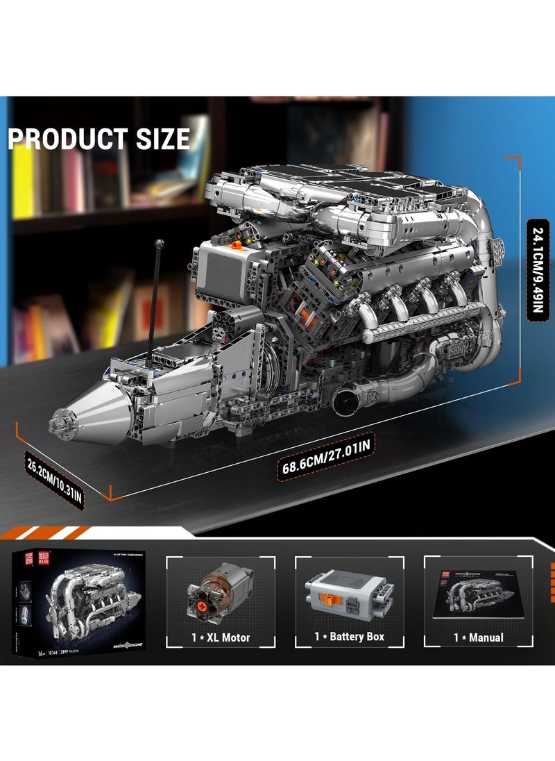 V8 Engine Build Toy Set, twin-turbocharged engine building blocks, V8 Gasoline Engine Show collection models, educational toys with electric motor engines, children and adults, ages 14 + (2899+PCS), Muold King 10168