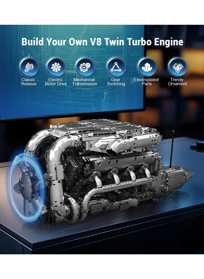 V8 Engine Build Toy Set, twin-turbocharged engine building blocks, V8 Gasoline Engine Show collection models, educational toys with electric motor engines, children and adults, ages 14 + (2899+PCS), Muold King 10168