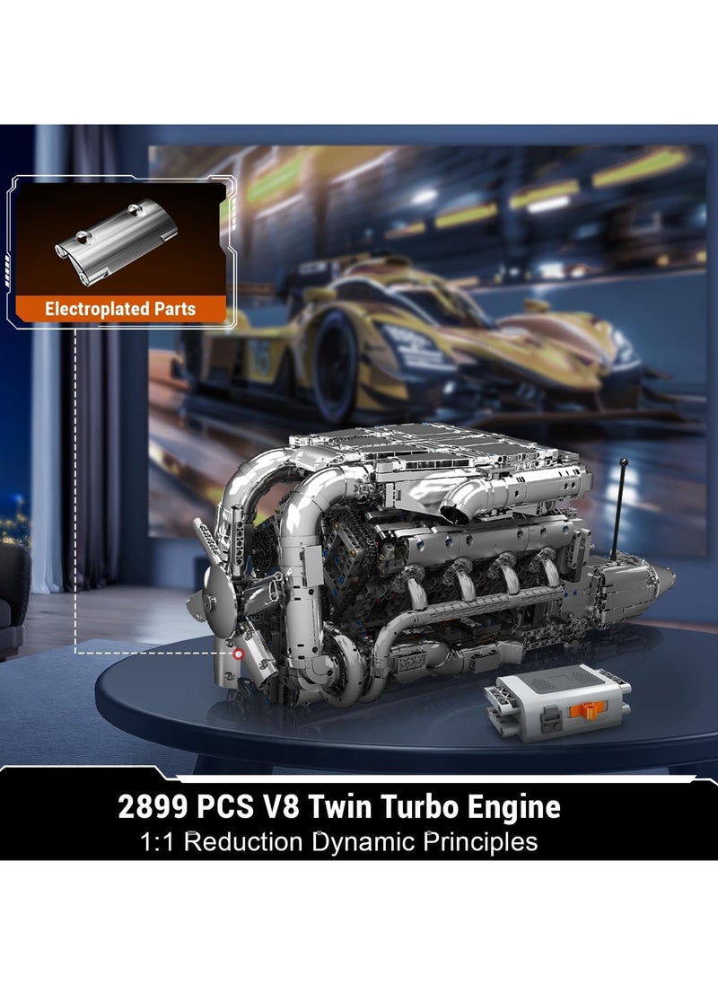 V8 Engine Build Toy Set, twin-turbocharged engine building blocks, V8 Gasoline Engine Show collection models, educational toys with electric motor engines, children and adults, ages 14 + (2899+PCS), Muold King 10168