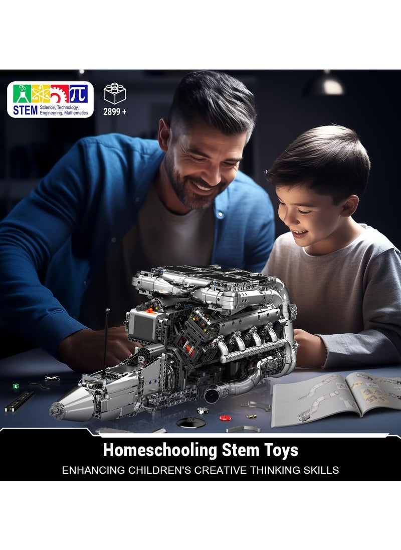 V8 Engine Build Toy Set, twin-turbocharged engine building blocks, V8 Gasoline Engine Show collection models, educational toys with electric motor engines, children and adults, ages 14 + (2899+PCS), Muold King 10168