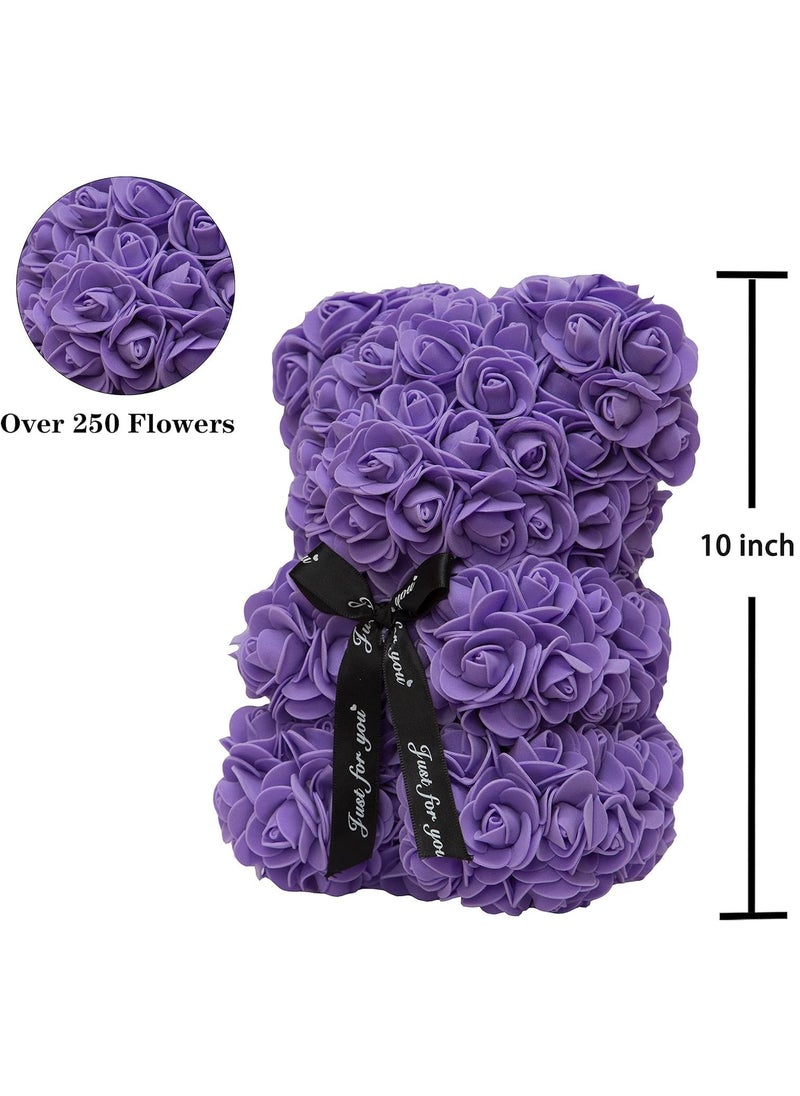 Rose Bear Gift Rose Teddy Bear With Light On Every Rose Bear Flower Bear Perfect for Anniversaries Clear Gift Box Included Purple 10Inch Height