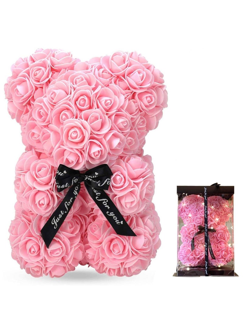 Gifts for Women – Rose Flower Bear - Rose Bear ,Pure Handmade Rose Teddy Bear ,Gift for Mothers Day, Valentines Day, Anniversary and Bridal Showers, with Clear Gift Box (Pink With Light)