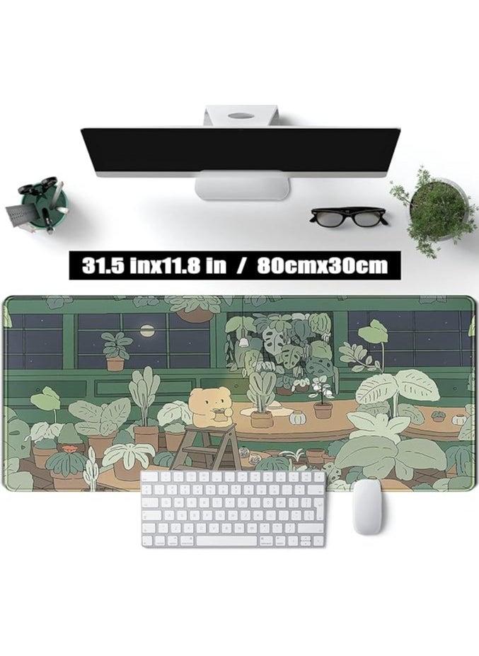 Cute Desk Mat Kawaii Bear XL Large Gaming Mouse Pads Desk Mats Pads on top of Desks Mousepad Cute Anime Plant Desk Protector 31.5x11.8 in Aesthetic Brown and Green Forest Keyboard Pad