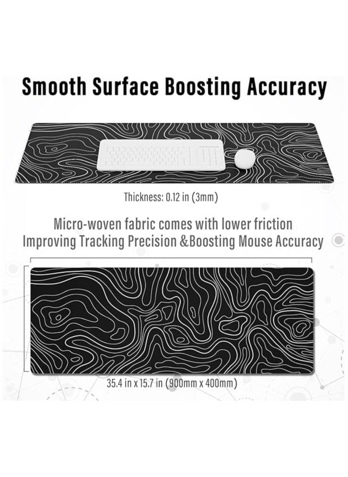 Gaming Mouse Pad, Large Keyboard Pad 90 x 40cm, Topographic Mouse Pad, Black and White Mouse Pad for Keyboard with Anti-Slip Rubber Base, Extended Desk Pad, Keyboard Pad Mouse Mat (90 x 40cm)