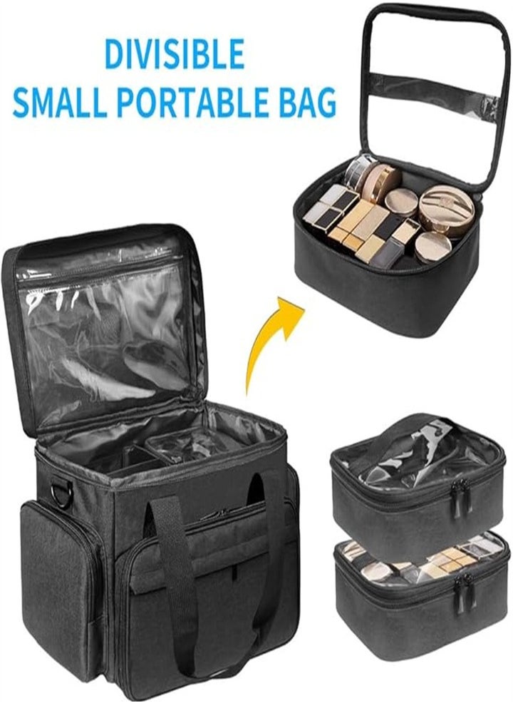 Professional Detachable and Separable Double Makeup Bag, Multifunctional Makeup Bag for Cosmetics and Hair Care Products, Suitable for Travel, Hotel, Going Out (Black)
