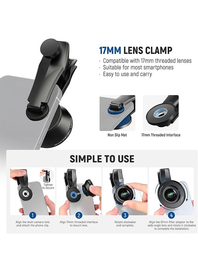 NEEWER 18mm 100° Wide Angle Lens 0.5X Magnification with 17mm Thread Phone Lens Clip & 67mm Filter Adapter Ring, Also for Phone Cage/Phone Case/Phone Clamp/Backplate, LS-42 PRO