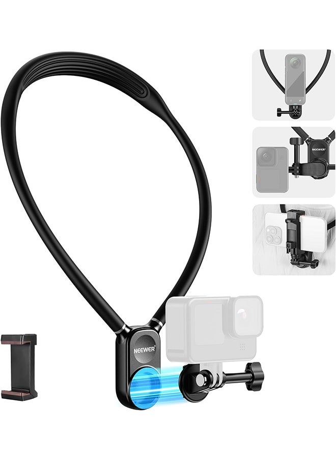 NEEWER Action Camera Neck Mount, Quick Release Magnetic Holder with Phone Clip Compatible with GoPro Hero 13 12 11 10 MAX DJI Action 4 Insta360 iPhone Samsung for POV Vlog, GP15