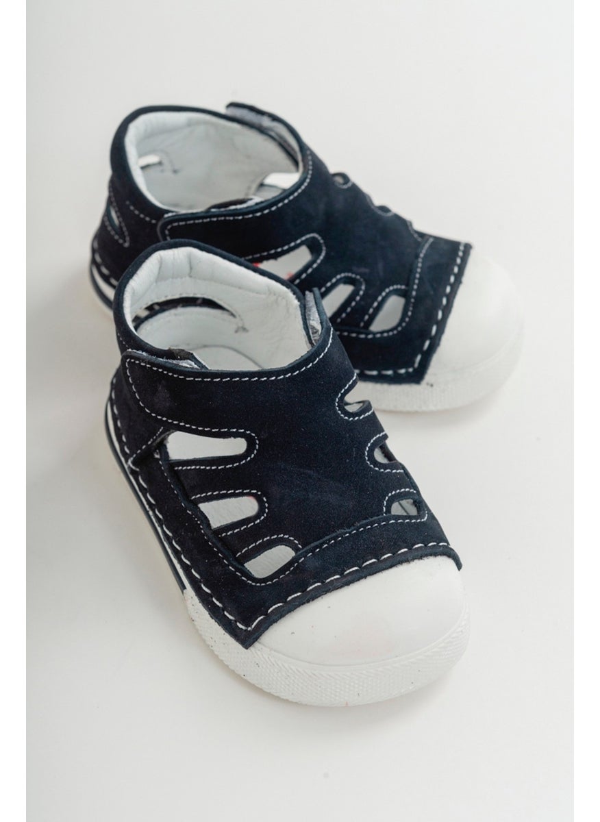 Unisex Kids Navy Blue Leather Anatomically Supported First Step Shoes