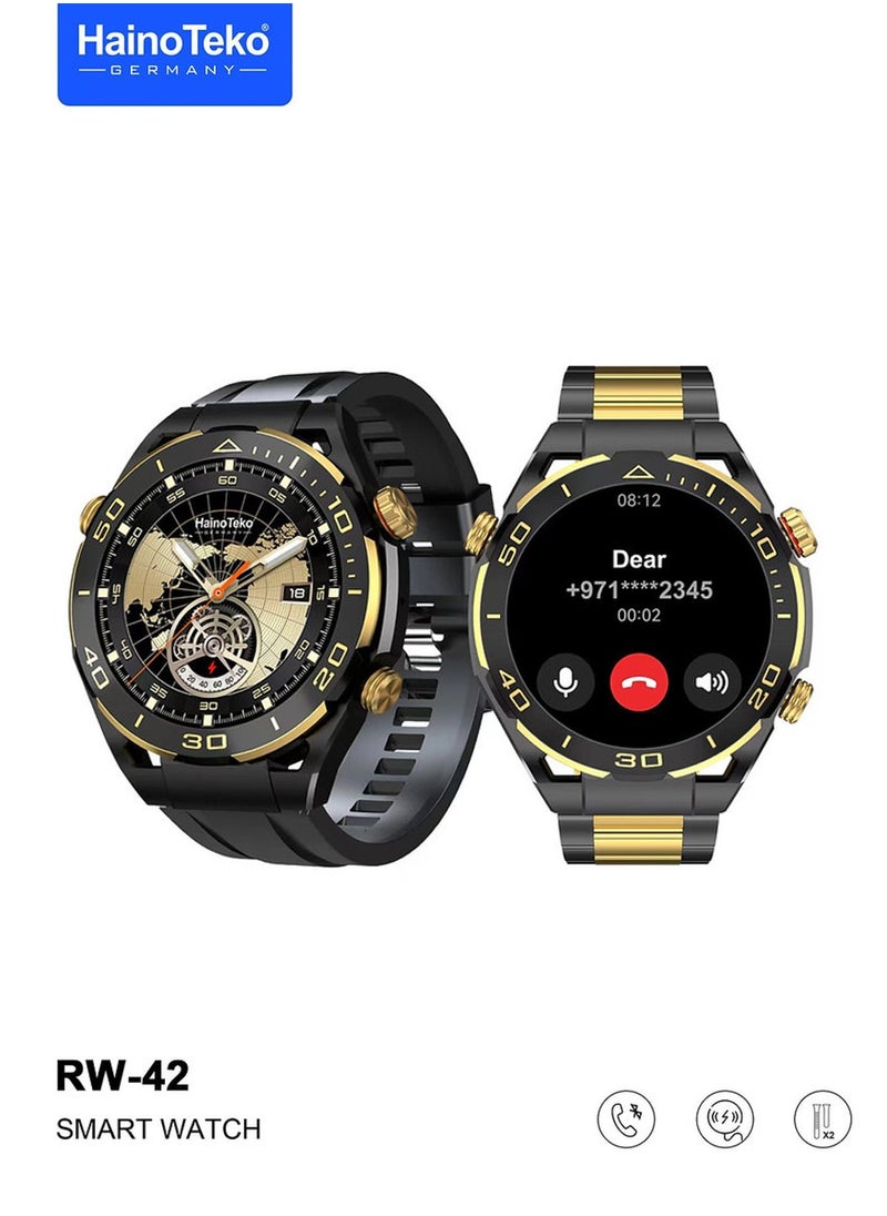 RW42 Round Shape Large Screen AMOLED Display Smart Watch With 2 Pair Straps and Wireless Charger for Men's and Boys