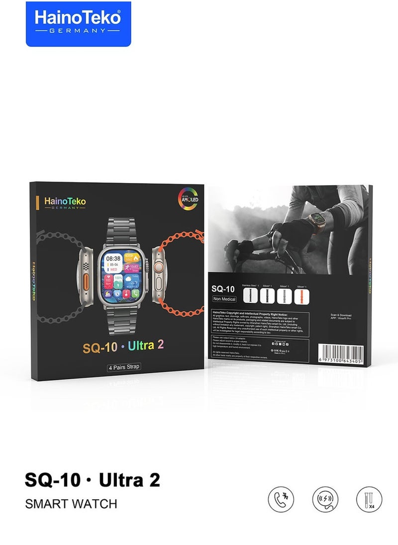 SQ10 Ultra 2 AMOLED Display Smart Watch With 4 Pair Strap and Wireless Charger for Gents and Boys Silver