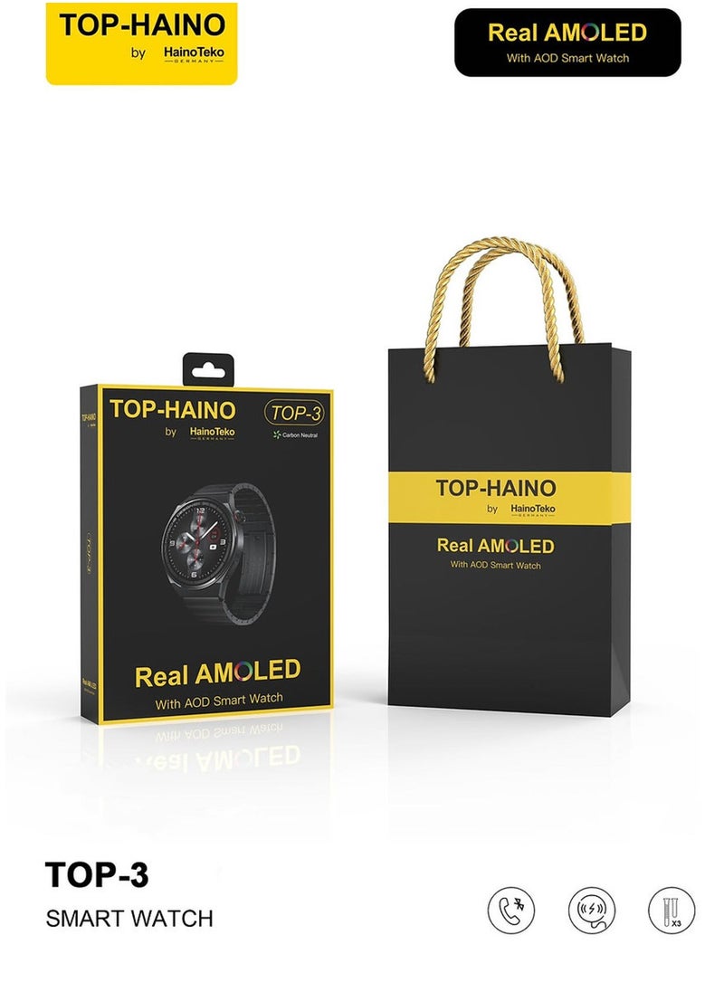 TOP 3 Real AMOLED Display with AOD Smart Watch 3 Pair Straps Wireless Charger for Gents