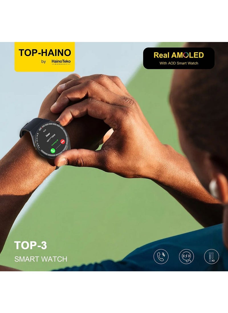 TOP 3 Real AMOLED Display with AOD Smart Watch 3 Pair Straps Wireless Charger for Gents