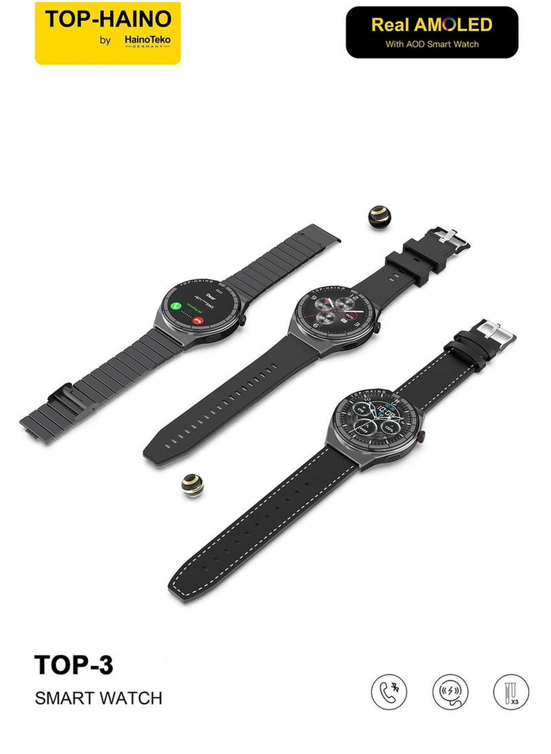 TOP 3 Real AMOLED Display with AOD Smart Watch 3 Pair Straps Wireless Charger for Gents