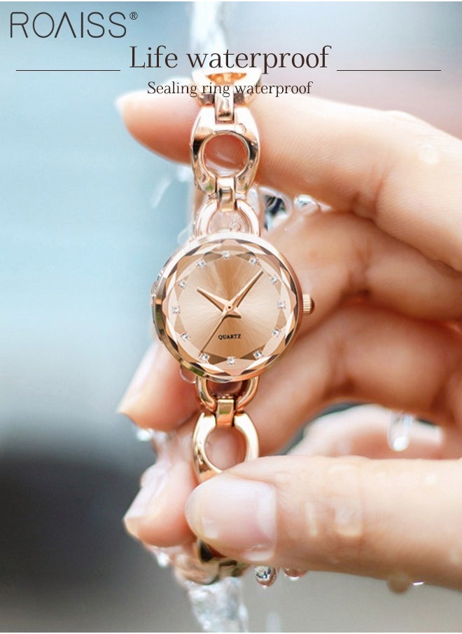 Women's Skeletonized Bracelet Quartz Watch, Analog Display Round Rose Gold Dial Watch with Rhinestones Decoration, Waterproof Elegant Watch as Gift for Women