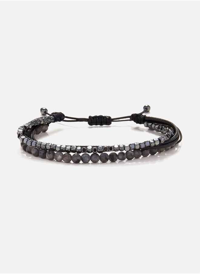 Handmade Adjustable Beaded Bracelet for Men with Multi-Line Matte Larvikite